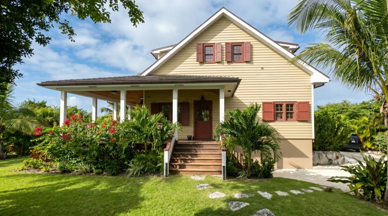 The cedar-shingled house seen from the front lawn, a flowering tropical garden border and white veranda railing under a blue sky.